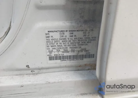 2006 Nissan Altima 2.5 S z USA, uszkodzony, nr VIN 1N4AL11E06C201308